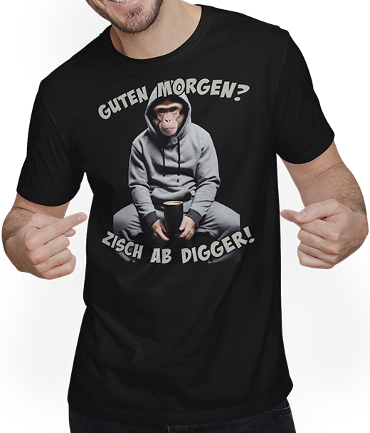 Produktbild von T-Shirt mit Mann Guten Morgen? Zisch ab Digger! Affe Kaffee Spruch Lustig