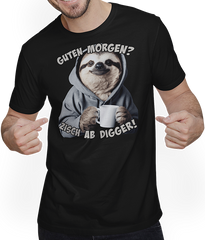 Produktbild von T-Shirt mit Mann Guten Morgen? Zisch ab Digger! Faultier Kaffee Spruch