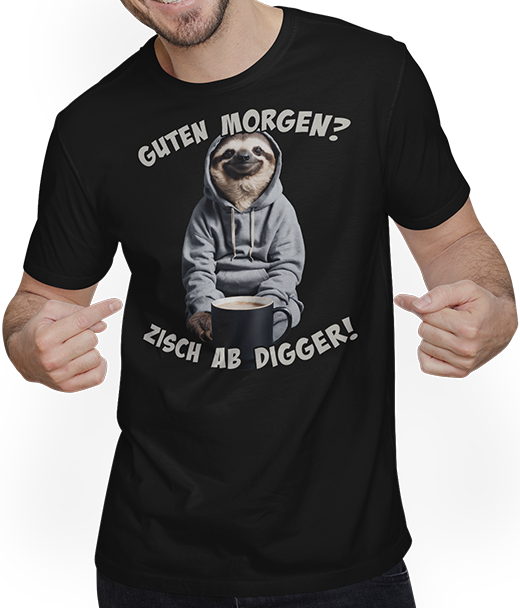 Produktbild von T-Shirt mit Mann Guten Morgen? Zisch ab Digger! Faultier Kaffee Spruch