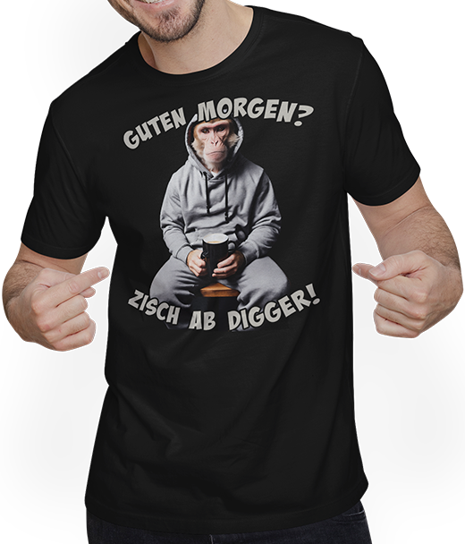 Produktbild von T-Shirt mit Mann Guten Morgen? Zisch ab Digger! Kaffee Spruch Lustige Affen