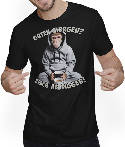 Produktbild von T-Shirt mit Mann Guten Morgen? Zisch ab Digger! Kaffee Spruch Lustige Affen