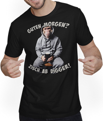Produktbild von T-Shirt mit Mann Guten Morgen? Zisch ab Digger! Kaffee Spruch Lustige Affen