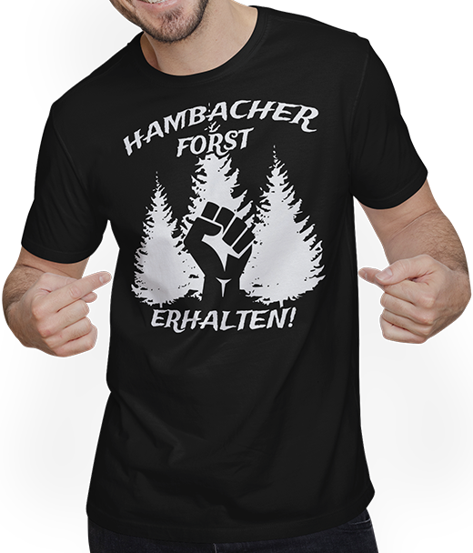 Produktbild von T-Shirt mit Mann Hambacher Forst erhalten!