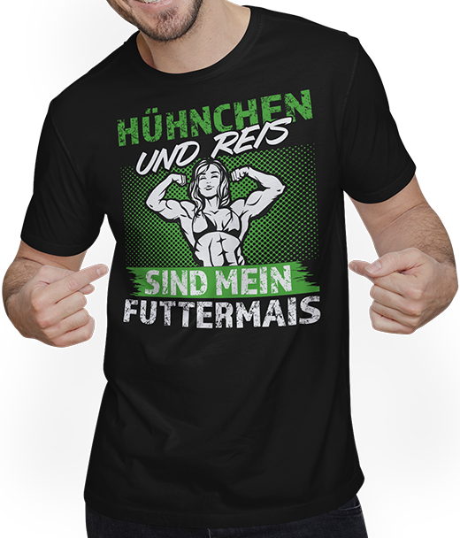 Produktbild von T-Shirt mit Mann Hühnchen Reis Futtermais Kraft Bodybuilding Frauen Sprüche