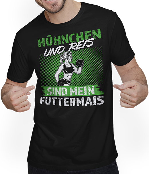 Produktbild von T-Shirt mit Mann Hühnchen Reis Futtermais Kraft Bodybuilding Frauen Sprüche