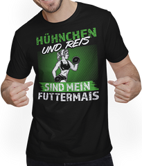 Produktbild von T-Shirt mit Mann Hühnchen Reis Futtermais Kraft Bodybuilding Frauen Sprüche