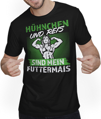 Produktbild von T-Shirt mit Mann Hühnchen Reis Futtermais Kraft Bodybuilding Frauen Sprüche