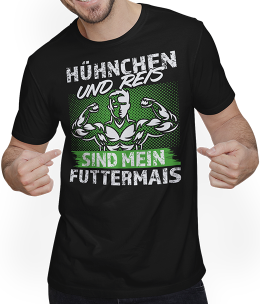 Produktbild von T-Shirt mit Mann Hühnchen Reis Futtermais Kraft Bodybuilding Männer Sprüche
