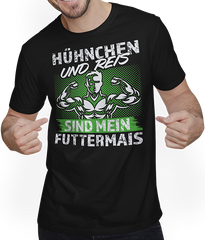 Produktbild von T-Shirt mit Mann Hühnchen Reis Futtermais Kraft Bodybuilding Männer Sprüche