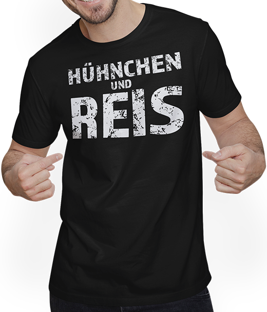 Produktbild von T-Shirt mit Mann Hühnchen und Reis Muskeln Kniebeuge Bodybuilding Sprüche