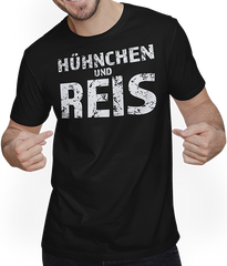 Produktbild von T-Shirt mit Mann Hühnchen und Reis Muskeln Kniebeuge Bodybuilding Sprüche