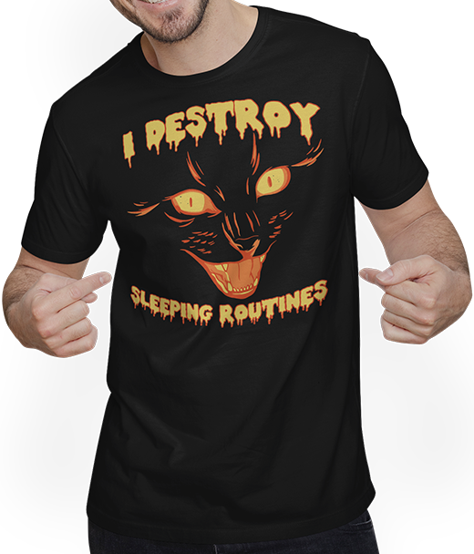 Produktbild von T-Shirt mit Mann I Destroy Sleep Routines Katzen-Spruch