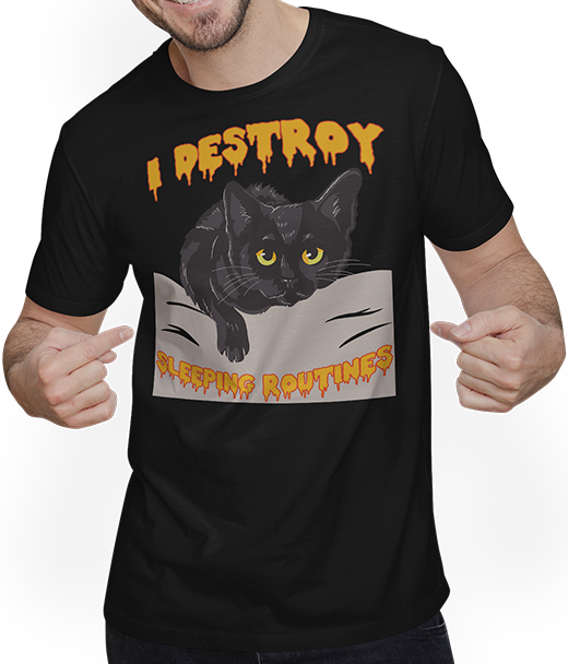 Produktbild von T-Shirt mit Mann I Destroy Sleep Routines Katzenmama Lustiger Katzenspruch