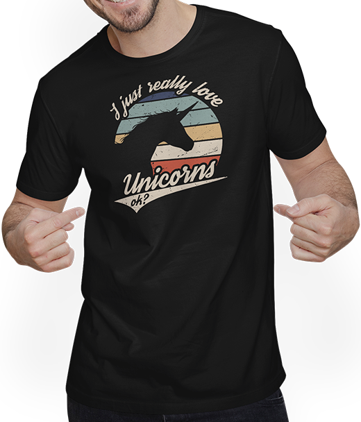 Produktbild von T-Shirt mit Mann I just really love Unicorns ok? | Einhorn Spruch Retro