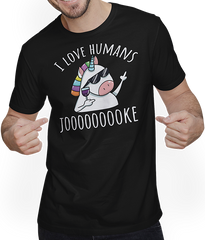 Produktbild von T-Shirt mit Mann I love humans - Joke | Evil Misanthrope Einhorn | Sarkasmus