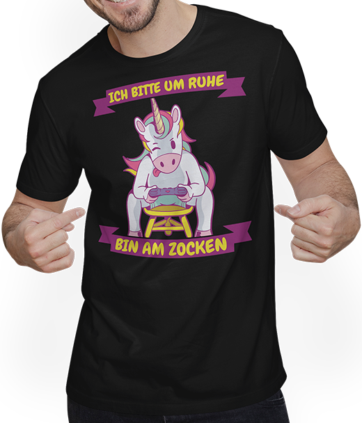 Produktbild von T-Shirt mit Mann Ich bitte um Ruhe bin am zocken Gamer Sprüche Einhorn Zocker