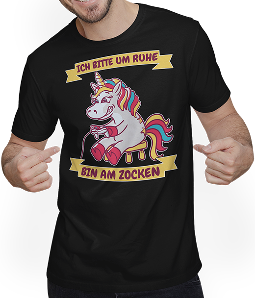 Produktbild von T-Shirt mit Mann Ich bitte um Ruhe bin am zocken Gamer Sprüche Einhorn Zocker