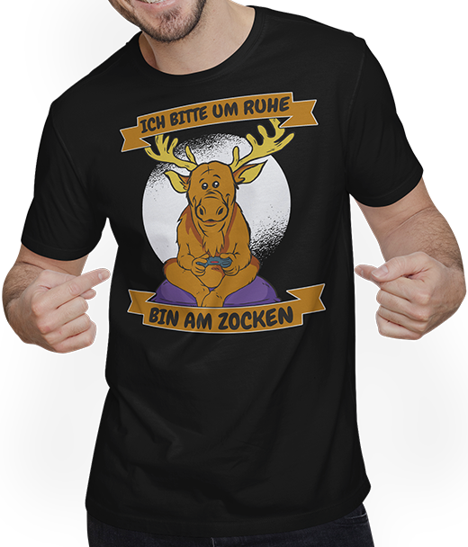 Produktbild von T-Shirt mit Mann Ich bitte um Ruhe, bin am zocken Gamer Sprüche Elch Zocker