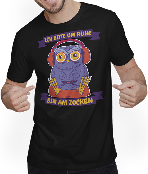 Produktbild von T-Shirt mit Mann Ich bitte um Ruhe, bin am zocken Gamer Sprüche Eule Zocker