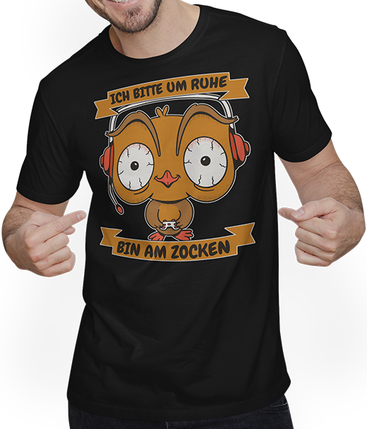 Produktbild von T-Shirt mit Mann Ich bitte um Ruhe, bin am zocken Gamer Sprüche Eule Zocker