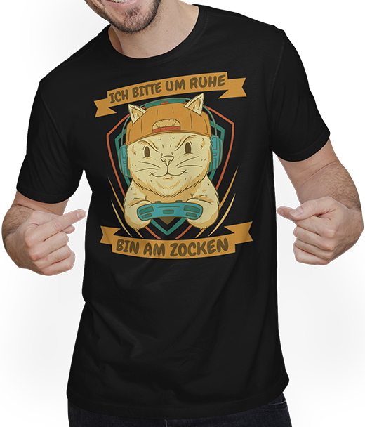 Produktbild von T-Shirt mit Mann Ich bitte um Ruhe, bin am zocken Gamer Sprüche Katze Zocker