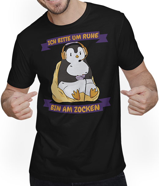 Produktbild von T-Shirt mit Mann Ich bitte um Ruhe bin am zocken Gamer Sprüche Pinguin Zocker