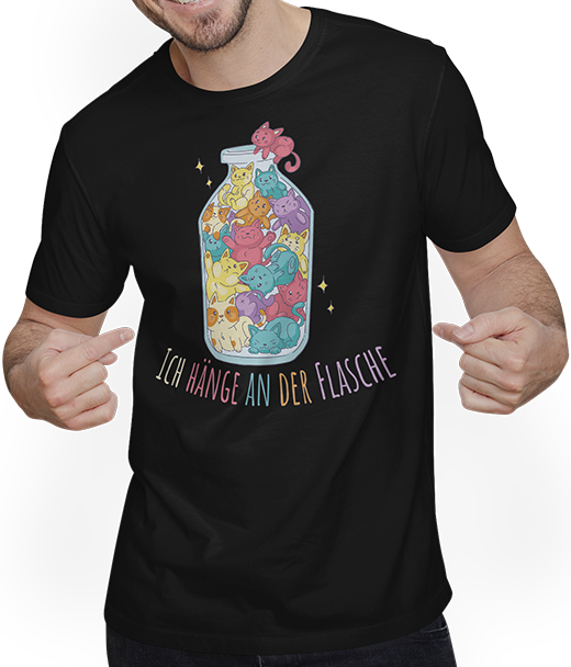 Produktbild von T-Shirt mit Mann Ich hänge an der Flasche Lustige Katzen Sprüche Katzenspruch