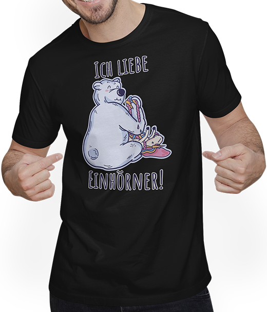 Produktbild von T-Shirt mit Mann Ich liebe Einhörner! Anti-Unicorn Spruch Bär frisst Einhorn