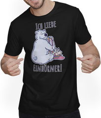 Produktbild von T-Shirt mit Mann Ich liebe Einhörner! Anti-Unicorn Spruch Bär frisst Einhorn