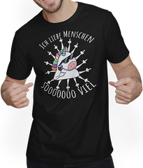 Produktbild von T-Shirt mit Mann Ich liebe Menschen | Böses Misanthrop Einhorn | Sarkasmus