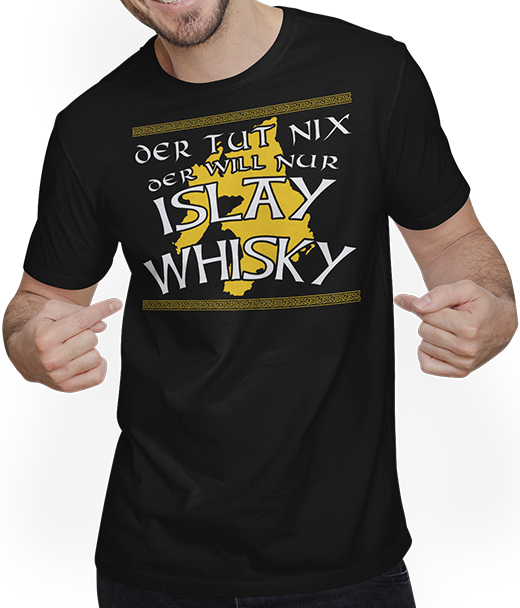Produktbild von T-Shirt mit Mann Islay Whisky Rauchiger torfiger Single Malt Insel Schottland
