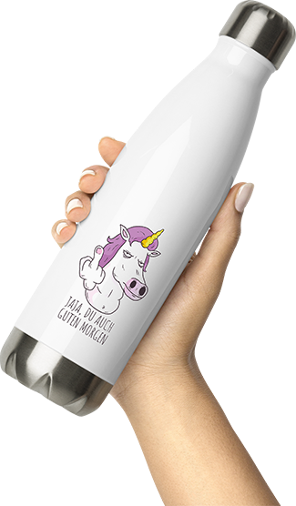 Produktbild von Thermosflasche von Hand gehalten Jaja, Du auch guten Morgen Morgenmuffel Mittelfinger Einhorn