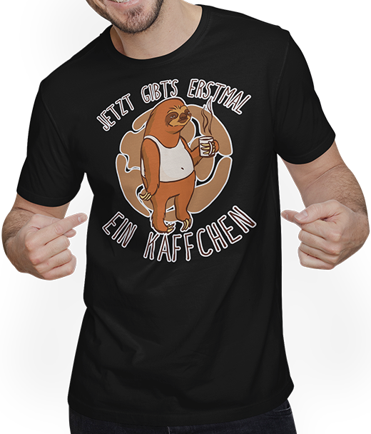 Produktbild von T-Shirt mit Mann Jetzt gibt's erstmal ein Käffchen Faultier Kaffee Sprüche