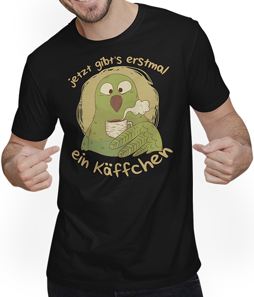 Produktbild von T-Shirt mit Mann Jetzt gibt's erstmal ein Käffchen Papagei Kaffee Sprüche