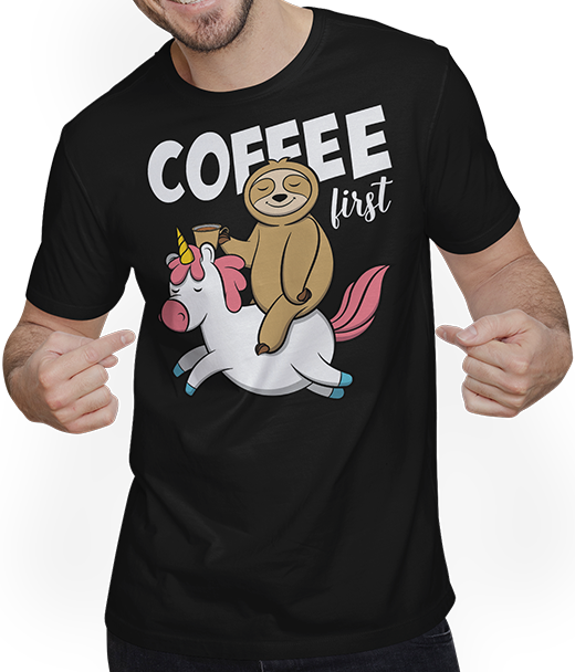 Produktbild von T-Shirt mit Mann Lustiger Kaffeespruch | Witziges Faultier reitet Einhorn