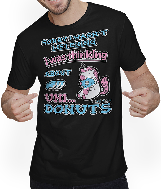 Produktbild von T-Shirt mit Mann Lustiges Kawaii Einhorn isst Donut | Witziger süßer Spruch
