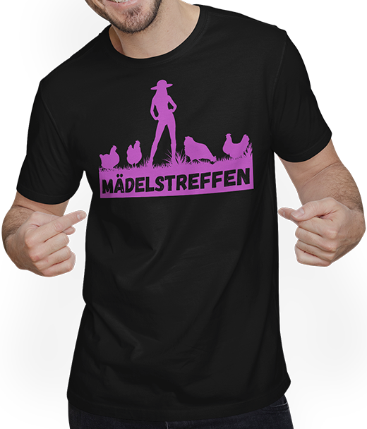 Produktbild von T-Shirt mit Mann Mädelstreffen mit Hühnern Lustiges Landwirtinnen Hennen Pink