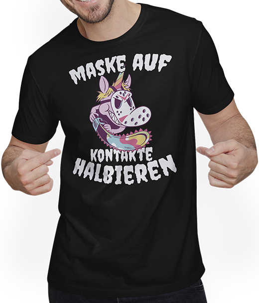 Produktbild von T-Shirt mit Mann Maske auf Kontakte halbieren Lustiger Einhorn Spruch Säge