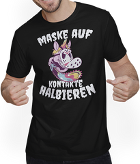 Produktbild von T-Shirt mit Mann Maske auf Kontakte halbieren Lustiger Einhorn Spruch Säge