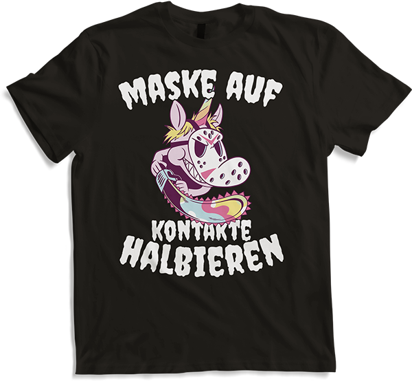 Produktbild von T-Shirt Maske auf Kontakte halbieren Lustiger Einhorn Spruch Säge