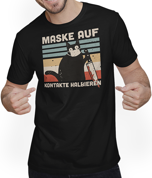 Produktbild von T-Shirt mit Mann Maske auf Kontakte halbieren Lustiger Katzenspruch | Katzen