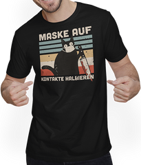Produktbild von T-Shirt mit Mann Maske auf Kontakte halbieren Lustiger Katzenspruch | Katzen