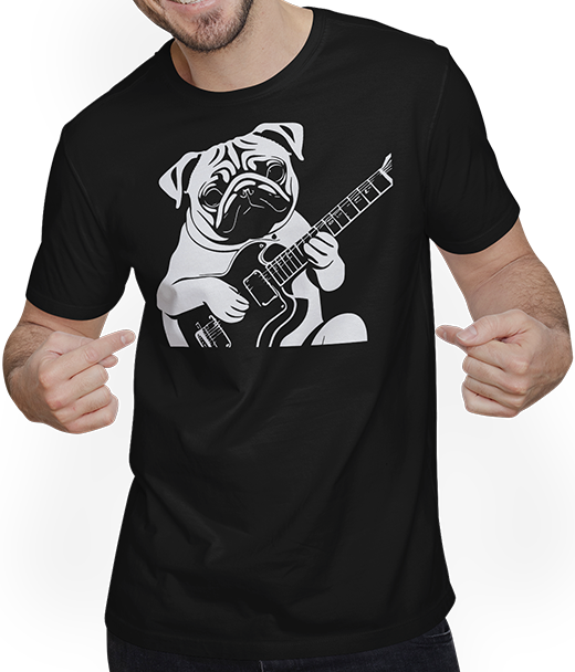 Produktbild von T-Shirt mit Mann Mops mit E-Gitarre Musiker Lustiger Gitarrist
