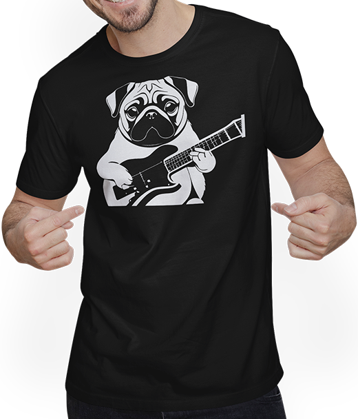 Produktbild von T-Shirt mit Mann Mops mit E-Gitarre Musiker Lustiger Gitarrist