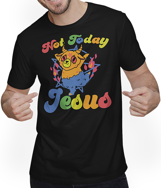 Produktbild von T-Shirt mit Mann Not Today Jesus Witzig Baphomet tanzt Satan Teufel Einhorn