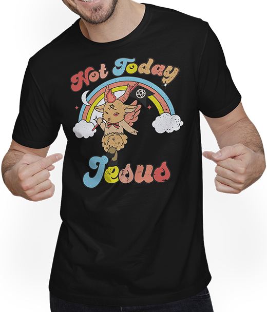 Produktbild von T-Shirt mit Mann Not Today Jesus Witzig Kawaii Baphomet Satan Teufel Einhorn