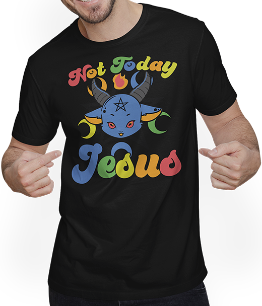 Produktbild von T-Shirt mit Mann Not Today Jesus Witzig Kawaii Baphomet Satan Teufel Einhorn