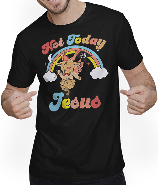 Produktbild von T-Shirt mit Mann Not Today Jesus Witzig Kawaii Baphomet Satan Teufel Einhorn