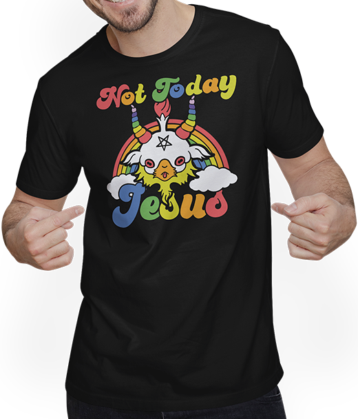 Produktbild von T-Shirt mit Mann Not Today Jesus lustiges Kawaii Baphomet Satan Teufel Einhorn