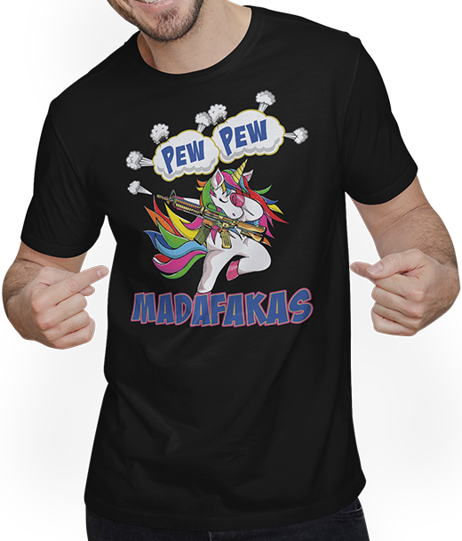 Produktbild von T-Shirt mit Mann Pew Pew Madafakas Einhorn mit Maschinenpistole